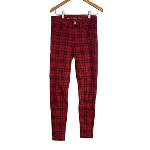 American Eagle Women's Hi Rise Jegging Jeans Size 0 Red Plaid Skinny